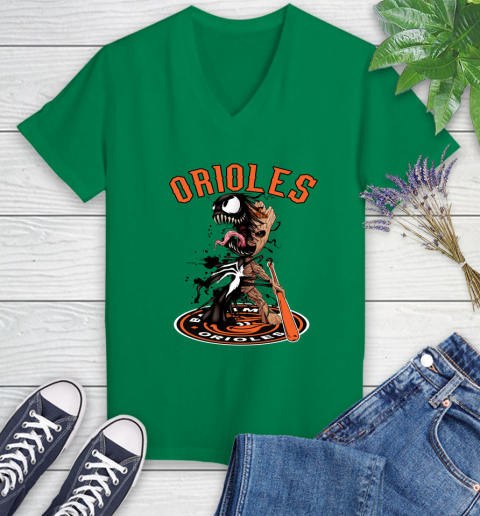 MLB Baltimore Orioles Baseball Venom Groot Guardians Of The Galaxy Women's V-Neck T-Shirt 5