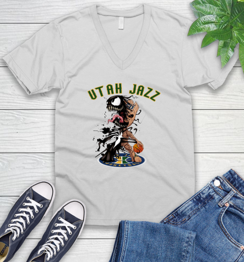 NBA Utah Jazz Basketball Venom Groot Guardians Of The Galaxy V-Neck T-Shirt