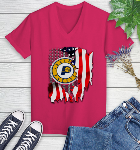 Indiana Pacers NBA Basketball American Flag Women's V-Neck T-Shirt 9