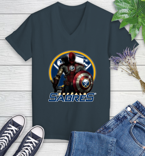 NHL Captain America Thor Spider Man Hawkeye Avengers Endgame Hockey Buffalo Sabres Women's V-Neck T-Shirt 8