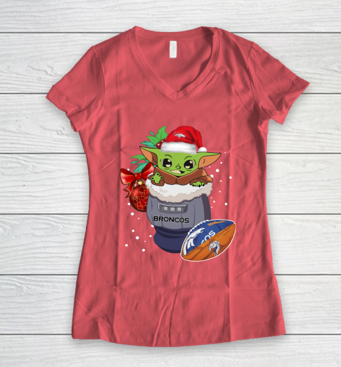 Denver Broncos Christmas Baby Yoda Star Wars Funny Happy NFL Women's V-Neck T-Shirt 6