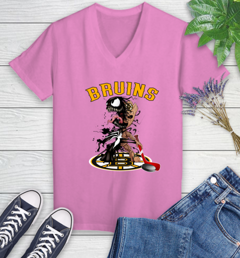 NHL Boston Bruins Hockey Venom Groot Guardians Of The Galaxy Women's V-Neck T-Shirt 14