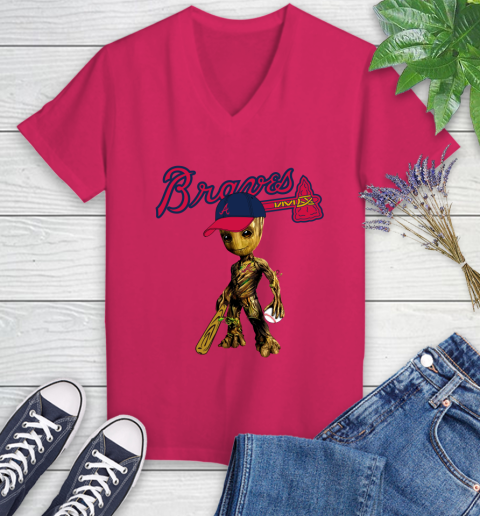MLB Atlanta Braves Groot Guardians Of The Galaxy Baseball Women's V-Neck T-Shirt 9