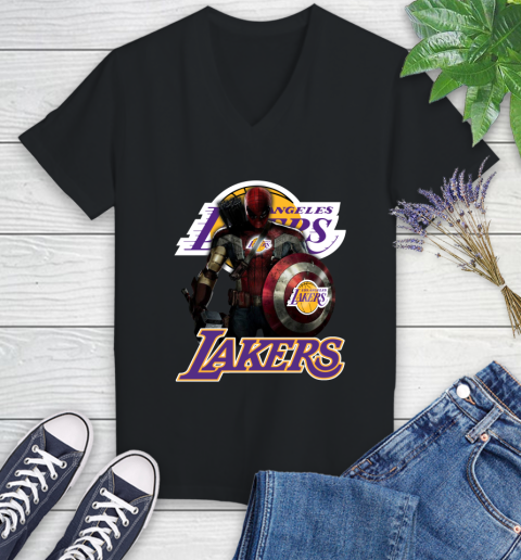 Los Angeles Lakers NBA Basketball Captain America Thor Spider Man Hawkeye Avengers Women's V-Neck T-Shirt 2
