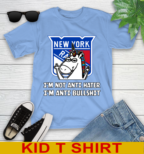 New York Rangers NHL Hockey Unicorn I'm Not Anti Hater I'm Anti Bullshit Youth T-Shirt 11