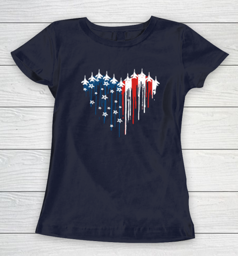 Retro Fighter Jet Airplane American Flag Heart 4th Of July Women's T-Shirt 2