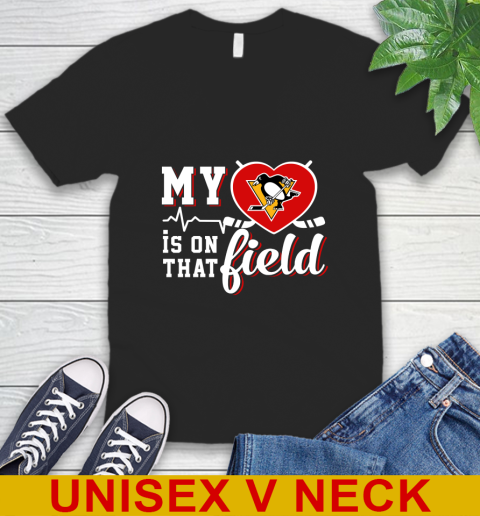 NHL My Heart Is On That Field Hockey Sports Pittsburgh Penguins V-Neck T-Shirt