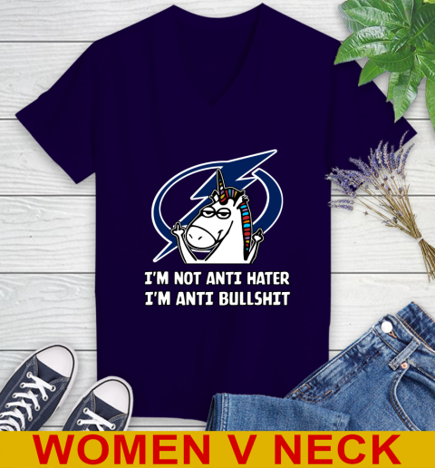 Tampa Bay Lightning NHL Hockey Unicorn I'm Not Anti Hater I'm Anti Bullshit Women's V-Neck T-Shirt 4