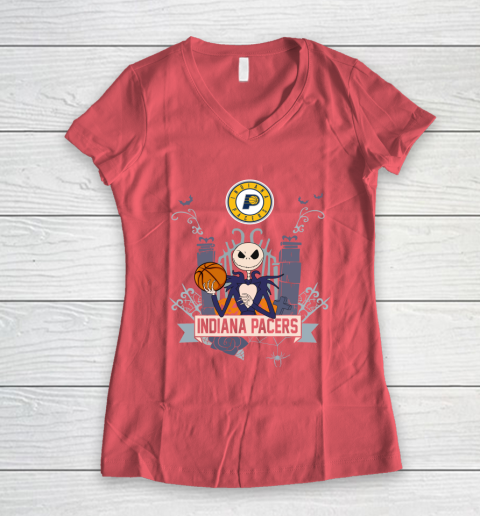 NBA Indiana Pacers Basketball Jack Skellington Halloween Women's V-Neck T-Shirt 4
