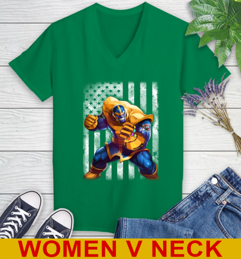 NBA Basketball Oklahoma City Thunder Thanos Marvel American Flag Shirt Women's V-Neck T-Shirt - Image 6