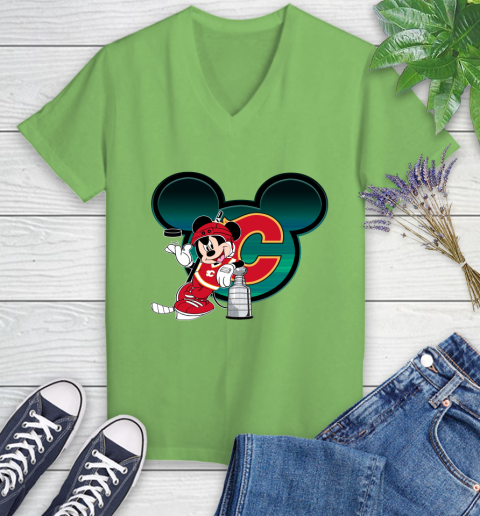 NHL Calgary Flames Stanley Cup Mickey Mouse Disney Hockey T Shirt Women's V-Neck T-Shirt 11