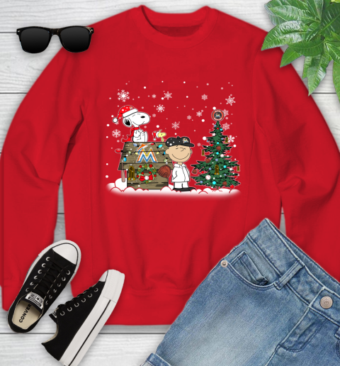 MLB Miami Marlins Snoopy Charlie Brown Christmas Baseball Commissioner's Trophy Youth Sweatshirt 8