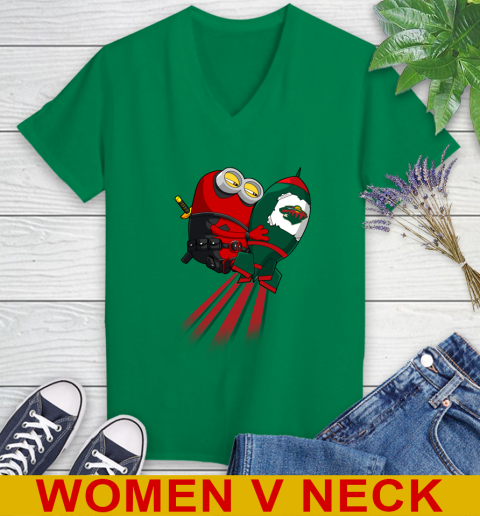 NHL Hockey Minnesota Wild Deadpool Minion Marvel Shirt Women's V-Neck T-Shirt 5