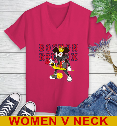 Boston Red Sox MLB Baseball Mickey Peace Sign Sports Women's V-Neck T-Shirt 10