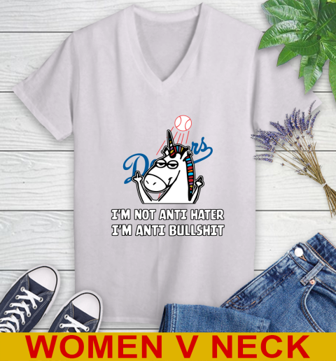 Los Angeles Dodgers MLB Baseball Unicorn I'm Not Anti Hater I'm Anti Bullshit Women's V-Neck T-Shirt