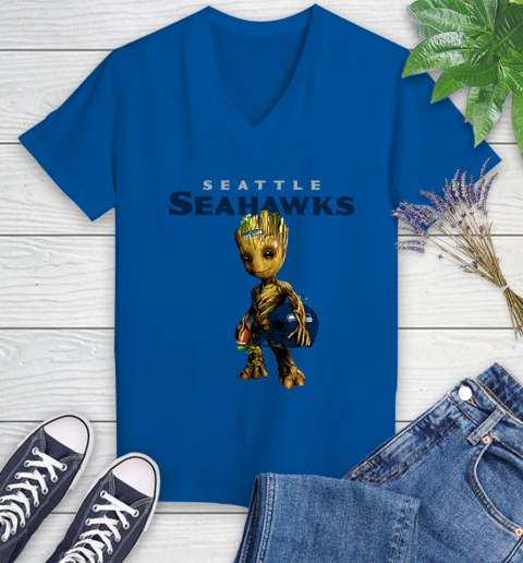 Seattle Seahawks NFL Football Groot Marvel Guardians Of The Galaxy Women's V-Neck T-Shirt 10