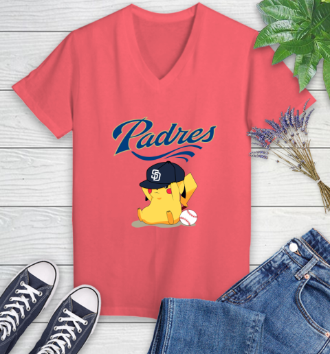 MLB Pikachu Baseball Sports San Diego Padres Women's V-Neck T-Shirt 6