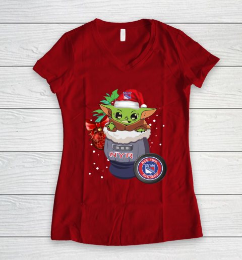 New York Rangers Christmas Baby Yoda Star Wars Funny Happy NHL Women's V-Neck T-Shirt 10
