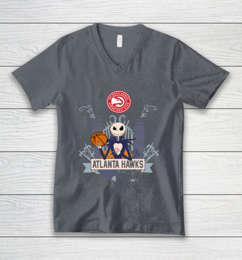 NBA Atlanta Hawks Basketball Jack Skellington Halloween V-Neck T-Shirt 4