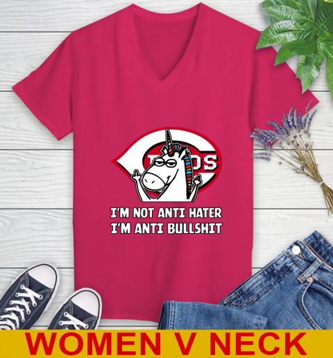 Cincinnati Reds MLB Baseball Unicorn I'm Not Anti Hater I'm Anti Bullshit Women's V-Neck T-Shirt 10