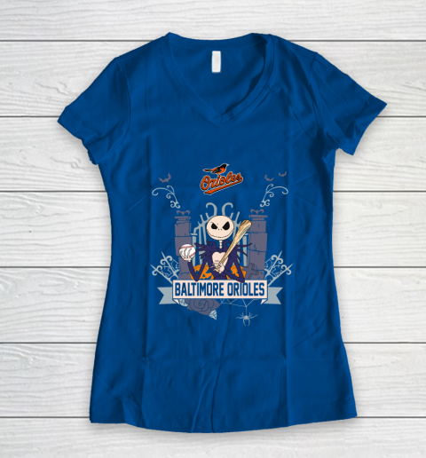 MLB Baltimore Orioles Baseball Jack Skellington Halloween Women's V-Neck T-Shirt - Image 8