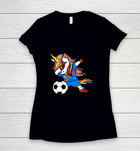 Dabbing Unicorn DR Congo Football Congolese Flag Soccer Women's V-Neck T-Shirt