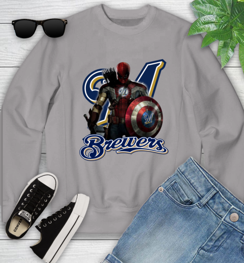 MLB Captain America Thor Spider Man Hawkeye Avengers Endgame Baseball Milwaukee Brewers Youth Sweatshirt 4