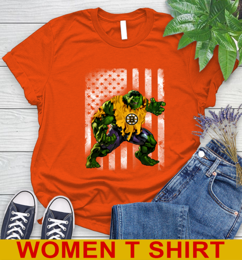 Boston Bruins Hulk Marvel Avengers NHL Hockey American Flag Women's T-Shirt 3