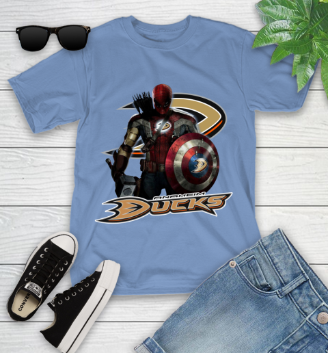 NHL Captain America Thor Spider Man Hawkeye Avengers Endgame Hockey Anaheim Ducks Youth T-Shirt 11