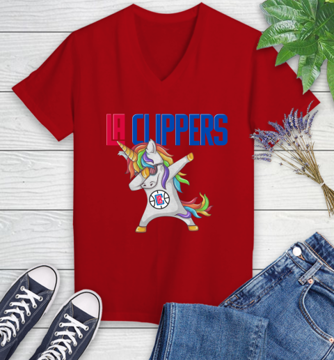 LA Clippers NBA Basketball Funny Unicorn Dabbing Sports Women's V-Neck T-Shirt 12