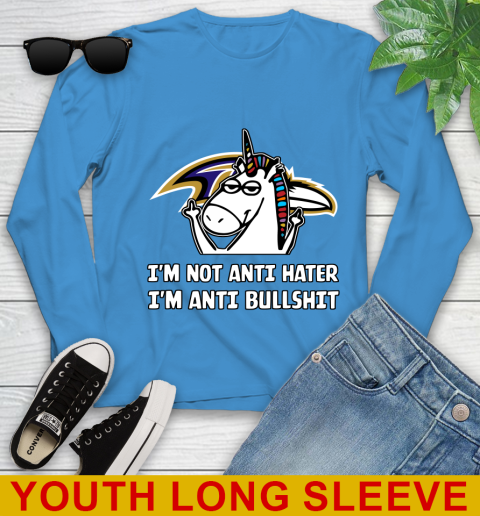 Baltimore Ravens NFL Football Unicorn I'm Not Anti Hater I'm Anti Bullshit Youth Long Sleeve 8