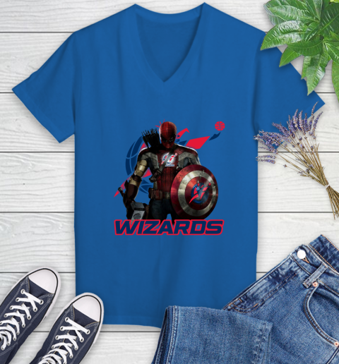 Washington Wizards NBA Basketball Captain America Thor Spider Man Hawkeye Avengers Women's V-Neck T-Shirt 10