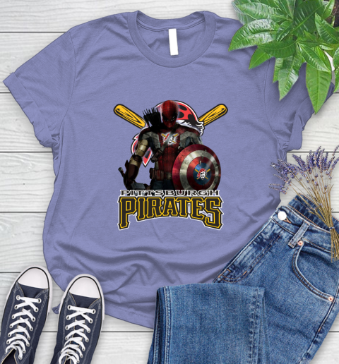 MLB Captain America Thor Spider Man Hawkeye Avengers Endgame Baseball Pittsburgh Pirates Women's T-Shirt 11