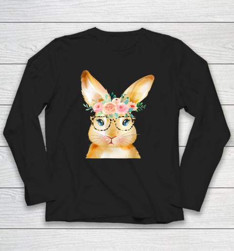 Cute Bunny Leopard Sunglasses Flowers Easter Day Long Sleeve T-Shirt