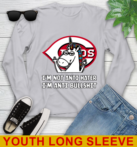 Cincinnati Reds MLB Baseball Unicorn I'm Not Anti Hater I'm Anti Bullshit Youth Long Sleeve 6