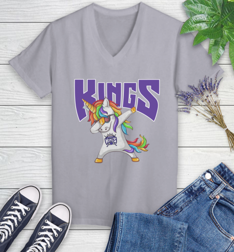 Sacramento Kings NBA Basketball Funny Unicorn Dabbing Sports Women's V-Neck T-Shirt 4