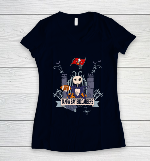 NFL Tampa Bay Buccaneers Football Jack Skellington Halloween Women's V-Neck T-Shirt 2
