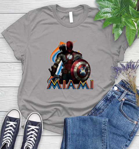 MLB Captain America Thor Spider Man Hawkeye Avengers Endgame Baseball Miami Marlins Women's T-Shirt 5