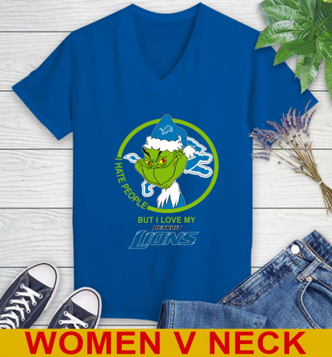 Detroit Lions NFL Christmas Grinch I Hate People But I Love My Favorite Football Team Women's V-Neck T-Shirt 11