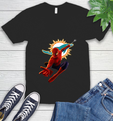 NFL Spider Man Avengers Endgame Football Miami Dolphins V-Neck T-Shirt 2