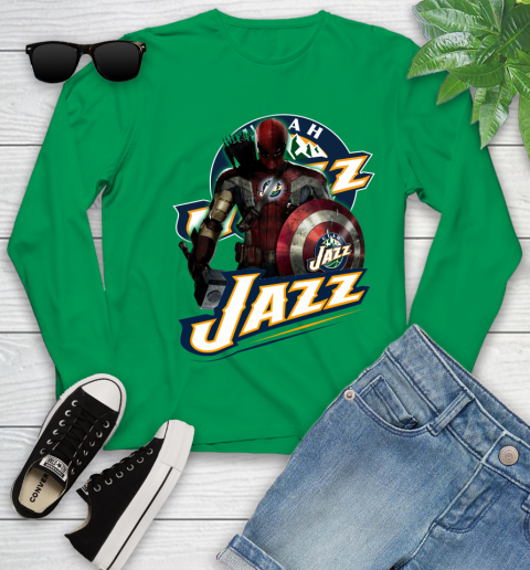 Utah Jazz NBA Basketball Captain America Thor Spider Man Hawkeye Avengers Youth Long Sleeve 6