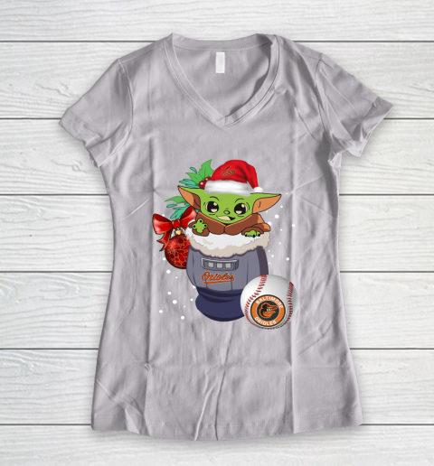 Baltimore Orioles Christmas Baby Yoda Star Wars Funny Happy MLB Women's V-Neck T-Shirt 2