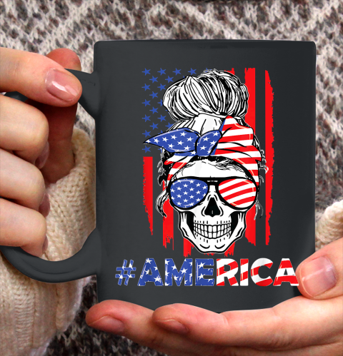 Independence Day Merica Messy Bun Skull 4th Of July American Flag Ceramic Mug 11oz