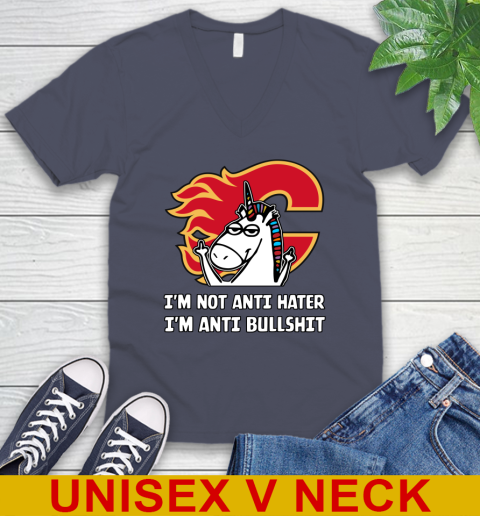 Calgary Flames NHL Hockey Unicorn I'm Not Anti Hater I'm Anti Bullshit V-Neck T-Shirt 8