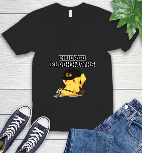 NHL Pikachu Hockey Sports Chicago Blackhawks V-Neck T-Shirt 2