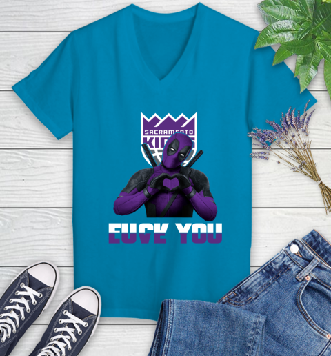 NBA Sacramento Kings Deadpool Love You Fuck You Basketball Sports Women's V-Neck T-Shirt 7