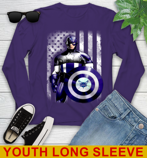 Charlotte Hornets NBA Basketball Captain America Marvel Avengers American Flag Shirt Youth Long Sleeve 4