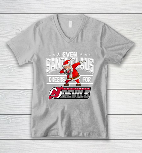New Jersey Devils Even Santa Claus Cheers For Christmas NHL V-Neck T-Shirt 3