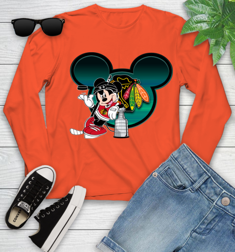 NHL Chicago Blackhawks Stanley Cup Mickey Mouse Disney Hockey T Shirt Youth Long Sleeve 4