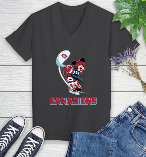 NHL Hockey Montreal Canadiens Cheerful Mickey Mouse Shirt Women's V-Neck T-Shirt - Image 8